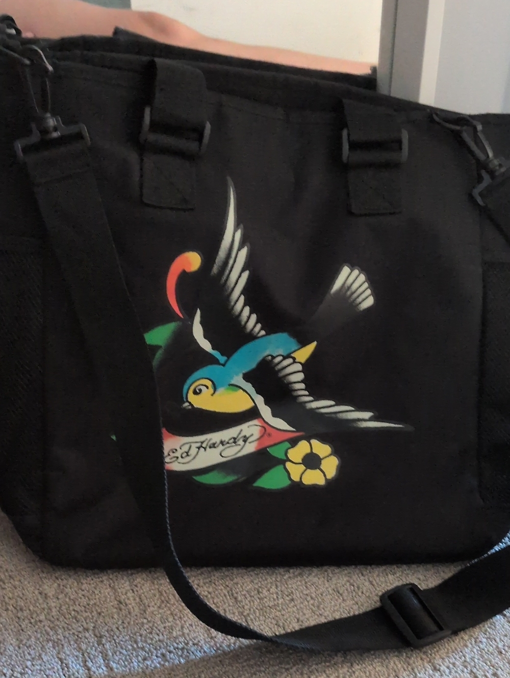 Y2K Ed Hardy Black Tote with Classic Tattoo Swallow Bird